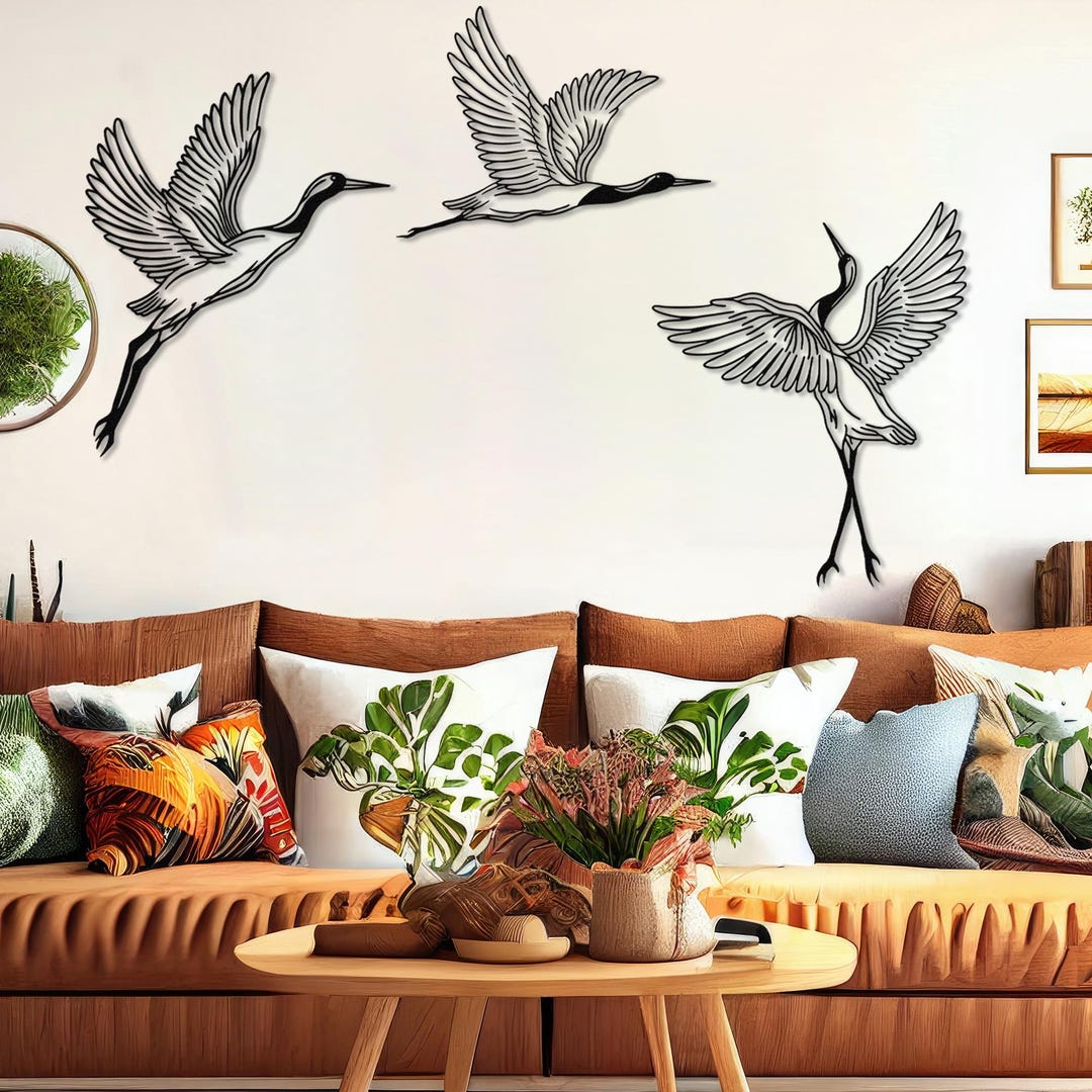 Metalen kraanvogels en zon kunst aan de muur, vogels muur hangen, decor grote woonkamer, housewarming cadeau, tuinterras decor, kraan muurbord, kunst - België