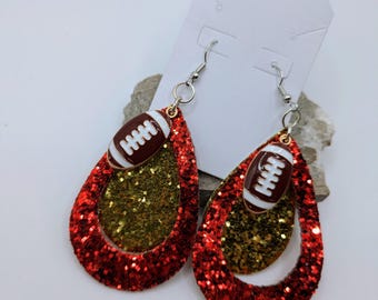 KC Chiefs Glitter Faux Leather Earrings, Football Teardrop Dangle