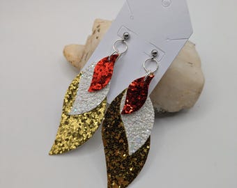 Glitter Leaf KC Chiefs Earrings, Faux Leather Superbowl Jewelry