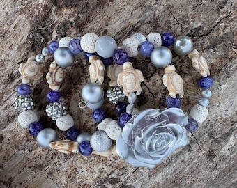 Turtle Bracelet, Purple White Beads, Silver Rose, Beach Jewelry