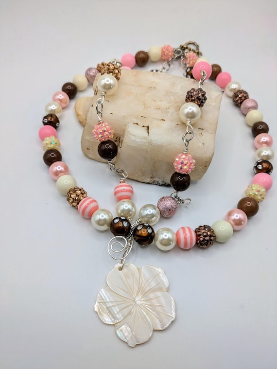 Pink Beaded Floral Statement Necklace Crochet Floral Statement Necklace: Pink Beaded Boho Jewelry  main image 4