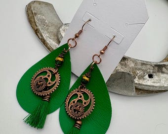 Green Teardrop Steampunk Earrings, Gear Tassel Jewelry