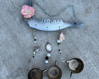 Silver Cow Jawbone Wind Chime, Floral Rustic Barn Decor