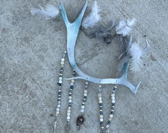 ON HOLD Aqua Sparkle Caribou Antler Decor, Beaded Key Trinkets, Lodge Home
