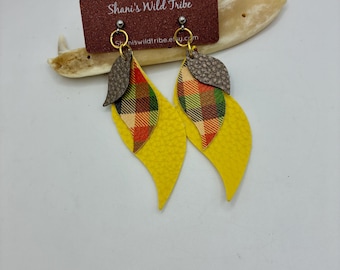 Faux Leather Fall Earrings, Yellow Plaid Dangle Earrings