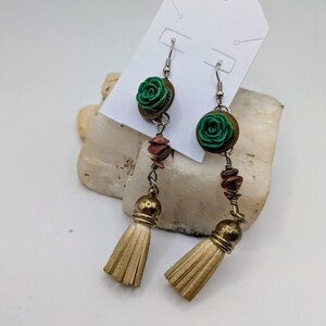 Teal flower boho earrings, Gold tassel earrings, boho tassel earrings, boho wedding, teal flower earrings, rose flower earrings, gifts