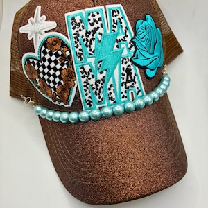 Mama Turquoise Patch Trucker Hat, Sparkle Brown, Beaded Brim