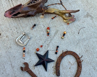 Burnt Orange Deer Skull Wind Chime, Horseshoe Rustic Barn Decor