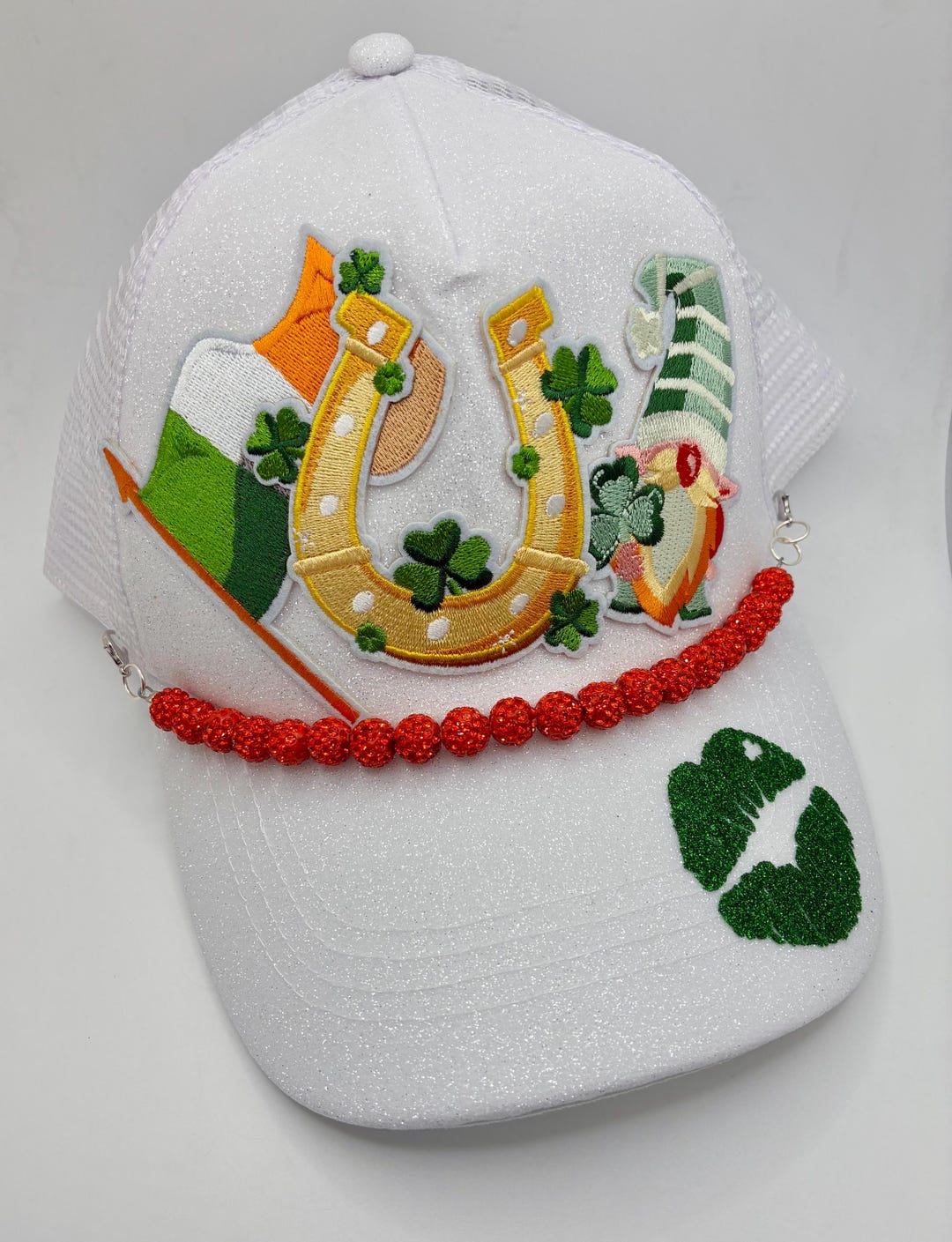 Apv Patch St. Patrick's Day Glitter Trucker Hat, Irish Gnome Horseshoe Kiss Patch ...