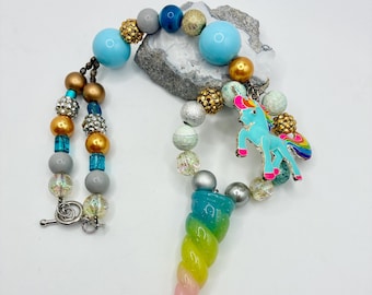 Blue Unicorn Car Charm, Beaded Horn Pendant, Mystical Car Accessory
