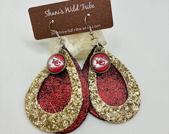 KC Chiefs Glitter Teardrop Earrings, Gameday Faux Leather Earrings