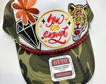 You Are Enough – Camo Trucker Hat, Tiger Floral Diamond Patches, Red Beaded Bill