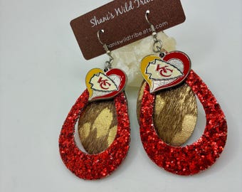 KC Chiefs Faux Leather Teardrop Earrings, Animal Print Gameday Jewelry