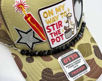 Camo Trucker Hat, Stir the Pot Patches, Beaded Bill, Women's Style