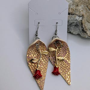 Rose leather earrings, Gold leather earrings, Rose wedding earrings, Rose red jewelry, Rose wedding, Rose gifts, Gifts for rose lover