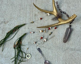 Gold Deer Antler Decor, Boho Rustic Wall Hanging with Snake Bone