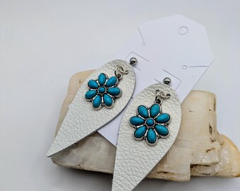 Turquoise Flower Western Earrings, Faux Leather Drop Earrings