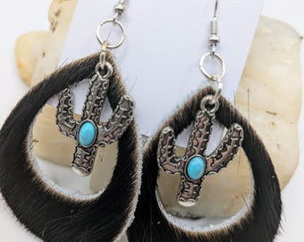 Cowhide Cactus Earrings, Turquoise Western Cowgirl Style