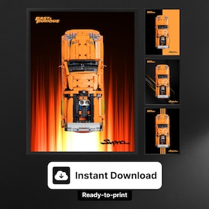 May include: Orange car model poster with the text "Fast & Furious" and "Supra". The poster has a black frame and a fiery orange background. Additional smaller posters of the car are also displayed.