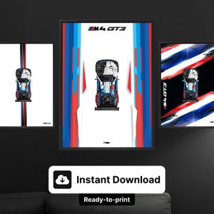 May include: Three framed prints showcasing a BMW M4 GT3 race car. The central print highlights the car's engine, with the others displaying the car with vertical and diagonal stripes in BMW's red, blue, and white colours. The text "M4 GT3" is visible.