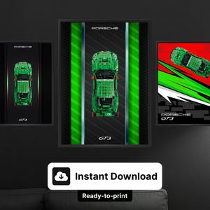 May include: Three framed wall art prints featuring a green Porsche GT3 car. The prints have a black background with green and white accents. The text "PORSCHE" and "GT3" are visible on the prints. The bottom of the image has the text "Instant Download" and "Ready-to-print".
