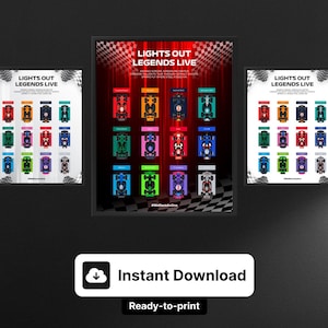 Könnte beinhalten: Drei gerahmte Drucke mit farbenfrohen Illustrationen von Rennwagen. Die Drucke tragen den Titel "Lights Out Legends Live" und enthalten den Text "Instant Download" und "Ready-to-print". Der Hintergrund ist schwarz.