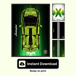 Könnte beinhalten: Ein grünes Lego-Modell eines Lamborghini-Autos vor einem grün-schwarzen Hintergrund. Das Auto ist aus Lego-Steinen gebaut und hat einen detaillierten Innenraum und Außenbereich.