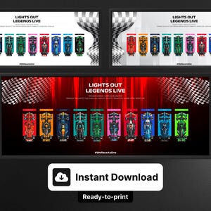 May include: Three framed prints featuring colorful race cars. The top prints display a row of cars against a white background, while the bottom print has a red background. Text reads "LIGHTS OUT LEGENDS LIVE" and "#WeRaceAsOne".