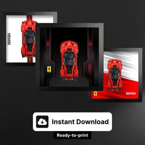 May include: Three framed prints featuring a red Ferrari car. The prints are in black frames and have a black, white, and red color scheme. The text "Ferrari" is visible on two of the prints. The image also includes the text "Instant Download" and "Ready-to-print".