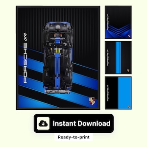May include: A framed print featuring a blue and black Porsche GT4 model. The image includes the Porsche logo and the text "Instant Download" and "Ready-to-print". Additional designs are shown.