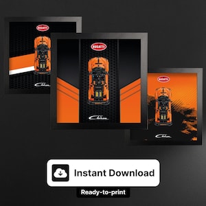 May include: Three framed prints featuring an orange Bugatti Chiron car design. Each print has a black frame and a background with orange and black accents. The Bugatti logo is visible at the top. The text "Chiron" is at the bottom.