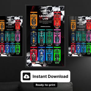 Peut inclure: Trois affiches encadrées présentant des voitures de course de Formule 1 de différentes couleurs. Les affiches comportent le texte "LIGHTS OUT LEGENDS LIVE" et "#WeRaceAsOne". Le bas de l'image contient le texte "Instant Download" et "Ready-to-print".