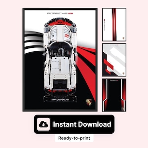 Porsche 911 RSR Wall Display Poster für 42096 - druckbare Garagendekoration im Technik-Stil für Modellbauer, 1:8 als Sofort Download