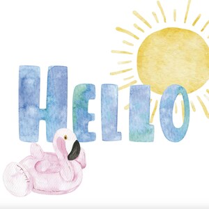 Postal en acuarela "Hola" - blanca con flamencos flotando y gráficos de sol; corazones y texto "xo" en el reverso. PDF descargable.