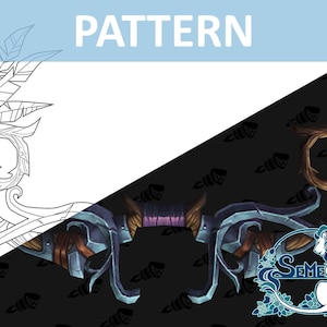 May include: A detailed line drawing of a bow and arrow with a feathered arrowhead, next to a coloured illustration of the same bow and arrow with a purple and blue design. The background is black with a repeating pattern of arrows.