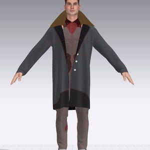 May include: A man wearing a gray coat with black and red accents, a red shirt, and gray pants. The coat has a brown collar and a black lining.