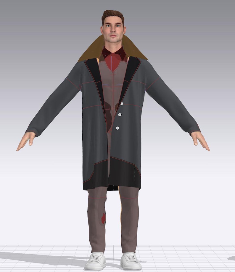May include: A man wearing a gray coat with black and red accents, a red shirt, and gray pants. The coat has a brown collar and a black lining.