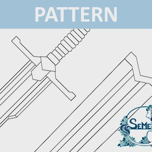 May include: A black and white line drawing of a sword with a decorative handle. The sword is shown in two different views, one from the side and one from the top. The drawing is labelled "PATTERN" at the top.