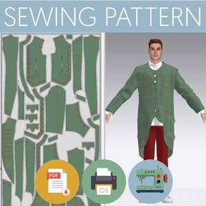 Peut inclure: Un patron de couture numérique pour un long manteau vert à col montant et boutons sur le devant. L'image montre les pièces du patron à plat à gauche et un modèle 3D portant le manteau fini sur une chemise blanche et un pantalon rouge.