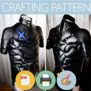 May include: Crafting pattern for a black leather armor with a blue X on the chest and a silver design on the back. The pattern is available as a PDF download and can be printed and used to create your own armor.