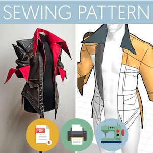 Könnte beinhalten: Ein Schnittmuster für eine Jacke mit dunkelbraunem und schwarzem Steppdesign, leuchtend rotem Innenfutter und spitzen Kragendetails. Das Bild enthält eine digitale Illustration der Jacke, ein PDF-Symbol, ein Druckersymbol und ein Nähmaschinensymbol.