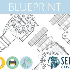 May include: Blueprint design with mechanical components in a technical drawing style. The word "BLUEPRINT" is at the top. The image includes gears, cylinders, and other machine parts. The bottom has icons for PDF, printer, scissors, and pencil.