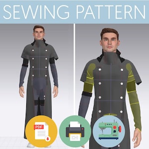 May include: A digital sewing pattern featuring a long, dark grey coat with a high collar and double-breasted white buttons. The display shows a full-body view and a close-up, with icons for PDF, printer, and sewing machine at the bottom.