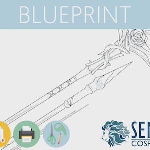 Puede incluir: Un plano para un accesorio de cosplay, que presenta un dibujo de línea detallado de un arma con un diseño de rosa. El plano está etiquetado como "BLUEPRINT" e incluye instrucciones para imprimir, cortar y ensamblar el accesorio.