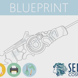 Könnte beinhalten: Eine Schwarzweiß-Zeichnung eines futuristischen Waffendesigns. Der Plan ist mit "BLUEPRINT" beschriftet und enthält den Text "SEME COSPLAY".