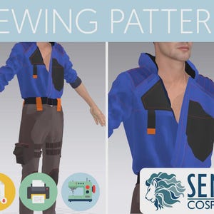 Könnte beinhalten: Schnittmuster für ein blaues und schwarzes Cosplay-Shirt mit orangefarbenen Akzenten. Das Schnittmuster enthält Anweisungen zum Drucken, Zuschneiden und Nähen des Shirts. Das Schnittmuster ist als PDF-Download verfügbar. Das Bild enthält auch das Logo von Seme Cosplay.