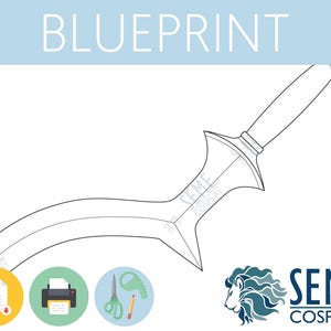 Op de afbeelding: Een zwart-witte lijntekening van een gebogen zwaard met een handvat. De tekening is bovenaan gelabeld met "BLUEPRINT" en onderaan met "SEME COSPLAY". De afbeelding bevat ook pictogrammen voor PDF, printer en schaar.