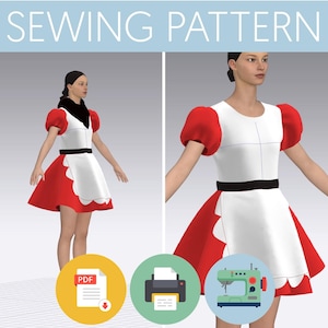 Könnte beinhalten: Ein Schnittmuster für ein rot-weißes Kleid mit Puffärmeln. Das Schnittmuster ist als PDF-Download erhältlich und enthält Anweisungen zum Nähen des Kleides.