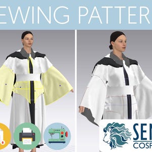 May include: Sewing pattern for a white and black cosplay costume with yellow accents. The pattern includes instructions for a long-sleeved dress with a high collar and a belt. The pattern is available as a PDF download and can be printed at home. SEWE PATTERN