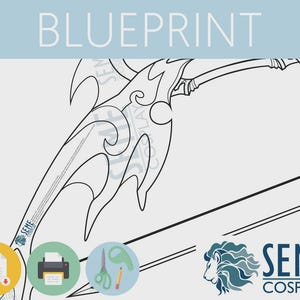 May include: A black and white blueprint for a fantasy weapon, a large curved blade with intricate details. The blueprint is labeled "SEME COSPLAY" and includes instructions for printing, cutting, and assembling the weapon.